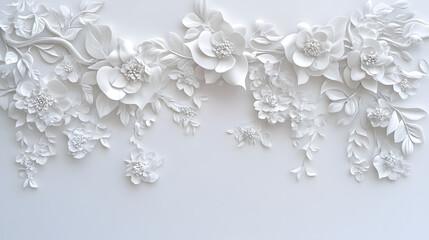 Poster - A white wall with a floral design on it. The design is made up of white flowers and leaves, and it is very detailed and intricate. Scene is elegant and sophisticated