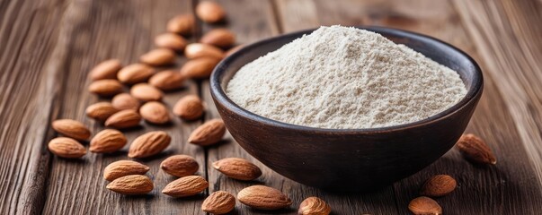 Wall Mural - Almond flour in a bowl surrounded by whole almonds on wooden surface.