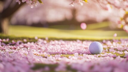 Wall Mural - A serene golf course fairway surrounded by blooming cherry blossoms, Golf balls scattered among pink petals, Sakura elegance style