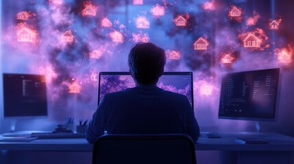 person working on computer with glowing houses in background