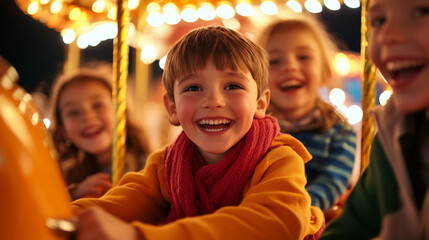 Children experience a feeling of carefree, joy and fun while riding the rides, the happy eyes of children express happiness and bliss.