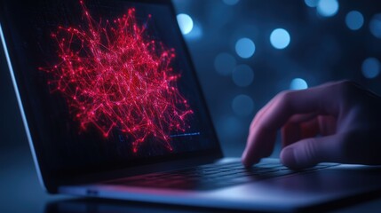 Glowing red data network on laptop screen