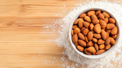 Wall Mural - Bowl of almonds on a wooden surface, with almond flour scattered around.