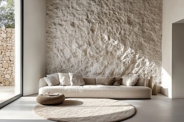 Leinwandbilder - A contemporary style living room adorned with a textured stone wall, featuring a plush white sofa and circular floor mat, embracing warmth and sophistication.