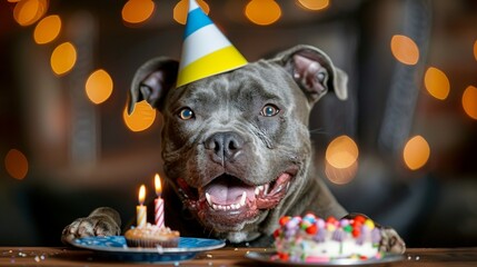 happy dog with a birthday hat and little cake with a lit candle