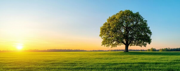 Poster - Lonely tree under bright sunrise over green field, serene nature scene.