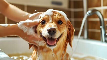 A dog is being washed in a bathtub by a person. The dog is smiling and he is enjoying the experience