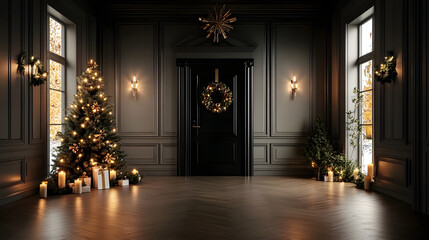 Poster - A large room with a black door and a Christmas tree in the corner. The room is decorated with wreaths and candles