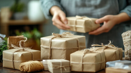 A person carefully wraps handcrafted gifts with twine in a cozy home workshop filled with plants and natural light during the day