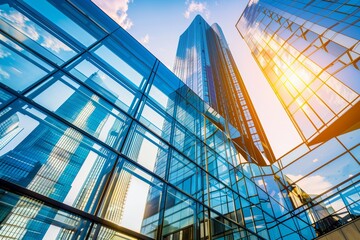 Modern Glass Skyscrapers Reflecting Sky and Sunlight in Cityscape