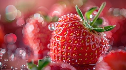 Sticker - A close-up of a juicy strawberry with water droplets. AI.