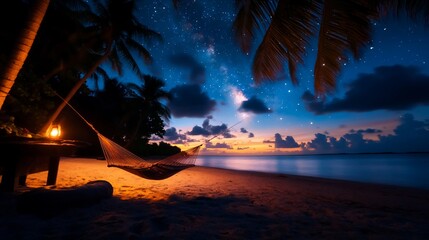 A hammock hangs between two palm trees on a beach at night, with a starry sky and a glowing lantern.