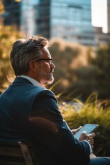 Canvas Print - A businessman in a suit sits on a bench, looking at a tablet. AI.