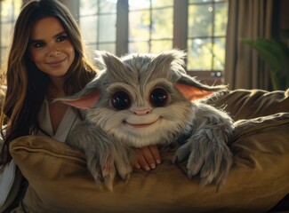 Poster - A furry creature with big eyes smiles as it rests on a couch with a woman. AI.