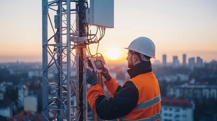 A technician works on a cell tower during sunset, adjusting equipment and ensuring network connectivity in an urban setting.