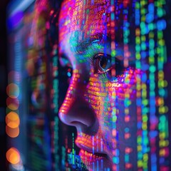 Canvas Print - A person's face is illuminated by a screen displaying colorful data. AI.