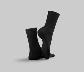 Poster - Mockup of black high socks 3D rendering, side view, stretched ankle of one leg, isolated on background with shadows.