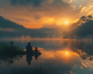 Wall Mural - A father and son fishing at sunrise. AI.