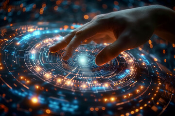 Wall Mural - futuristic interface interaction: a human hand engaging with advanced digital technology