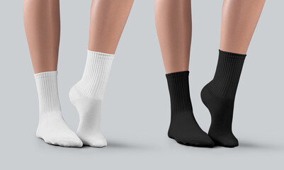 Sticker - Mockup of white, black medium socks on women's legs, side view, one ankle stretched, fashion sportswear for foot, for design, brand. Set