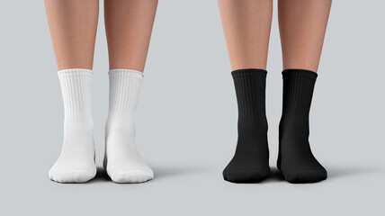 Sticker - Mockup of white, black medium gaiters on female beautiful legs, front view, sportswear with elastic band for foot isolated on background.