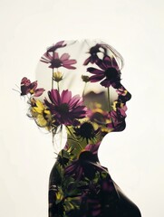 Wall Mural - A woman's silhouette is blended with a field of flowers. AI.