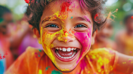 Wide Action shot of Indian kid with Holi colors on his face,  Holi celebrations