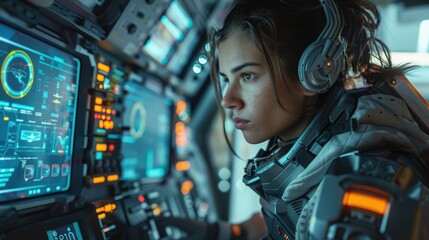 Beautiful brunette astronaut inside the cockpit of a spacecraft, focused on the control panel, combining elements of aviation, space travel, and high-tech transportation.