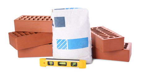 Sticker - Cement powder in bag, red bricks and building level isolated on white