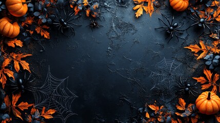 Wall Mural - A spooky Halloween background with black pumpkins, spiders, and orange leaves on a dark background.