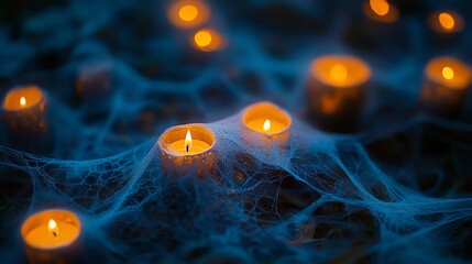 Wall Mural - A mystical scene of candles glowing through a spiderweb, creating a warm and inviting atmosphere.