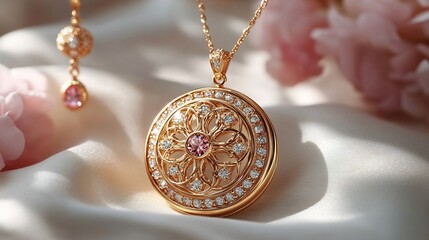 Wall Mural - delicate 3d gold locket adorned radiant gemstones paired with elegant earrings and a matching neckla