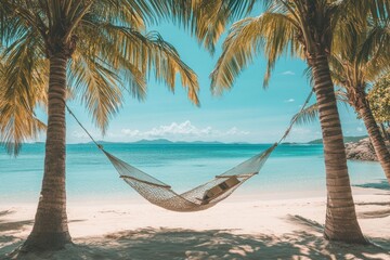 Wall Mural - a hammock tied between two palm trees on a beach, gently swaying in the breeze, with a book resting 