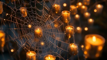 Wall Mural - A mystical scene of candles glowing through a spiderweb, creating a warm and inviting atmosphere.