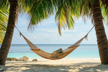 Wall Mural - a hammock tied between two palm trees on a beach, gently swaying in the breeze, with a book resting 