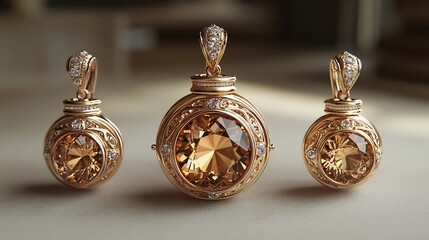 Wall Mural - delicate 3d gold locket adorned radiant gemstones paired with elegant earrings and a matching neckla