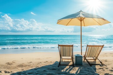 Wall Mural - a pair of beach chairs facing the ocean, under a large umbrella, with a cooler beside them, waves ge