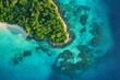 © ChaoticMind - A stunning aerial view captures a lush, green tropical island bordered by turquoise ocean waves, enveloped in a serene and picturesque natural environment.