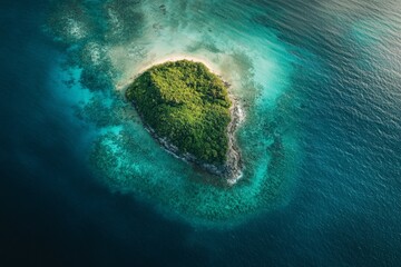 This image showcases a small, vibrant, lush green island surrounded by clear turquoise waters, highlighting the beauty of isolated tropical landscapes.