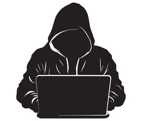 computer hacker with laptop icon vector illustration silhouette. hacker working on laptop. hacker si
