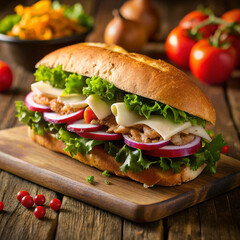 a sandwich with cheese, onions, and tomatoes on a cutting board.