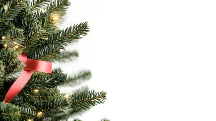 Wall Mural - Close up christmas tree with red ribbon on white