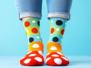 Whimsical polkadot socks joyfully peeking from under stylish jeans – a playful fashion statement