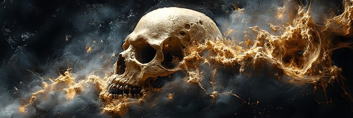 Fototapete - A striking and intense digital depicting a fiery,explosive skull in a dark,chaotic,and surreal environment. The image conveys a sense of impending doom,chaos,and the destructive power of fire.