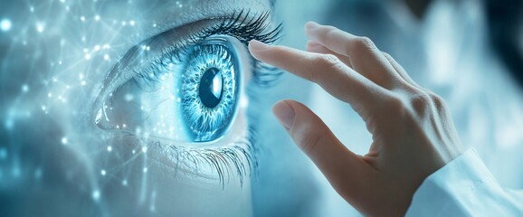 Fototapete - A close-up of a blue eye with a glowing digital network overlay, touched by a hand.