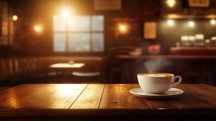 Steaming coffee cup on wooden table