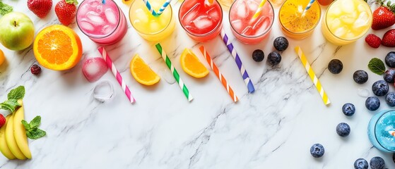 Colorful cocktails with fruits, white background.