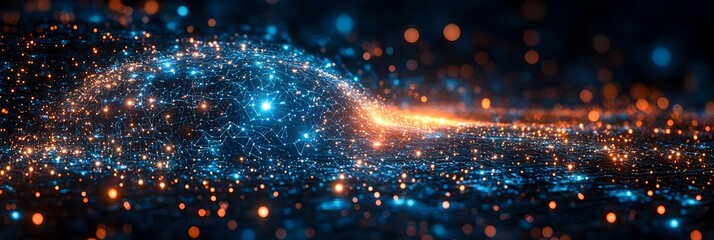Poster - Breathtaking Cosmic Particle Flow - Futuristic Digital Energy Network Abstract Background. Captivating visual representation of interconnected data,energy,and motion in a dynamic,luminous.