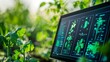 © Oulaphone - A digital monitor displaying plant health data in a lush, green agricultural setting, showcasing the integration of technology and nature.