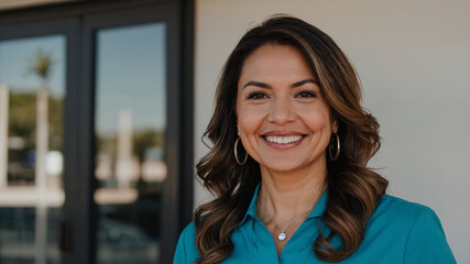 Latin skin care clinic owner smiling at the camera in front of the clinic